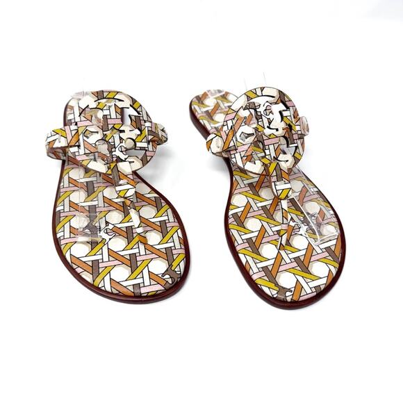 TORY BURCH Welt Pink Yellow Geometric Print Leather Miller Sandal Size 8.5 - Picture 1 of 11